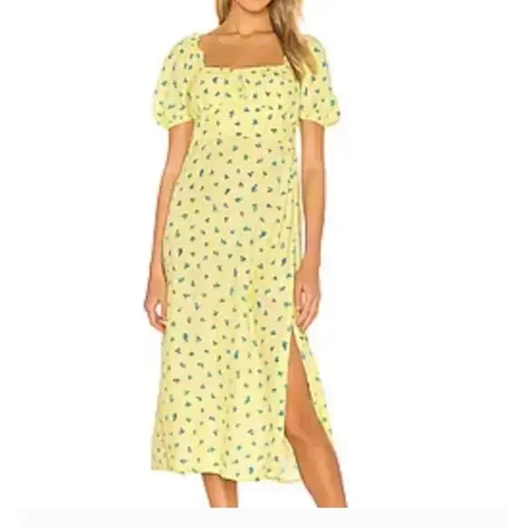 Faithfull the Brand Bette Midi Dress Lemon Print Cottagecore Euro Summer S - Picture 2 of 10